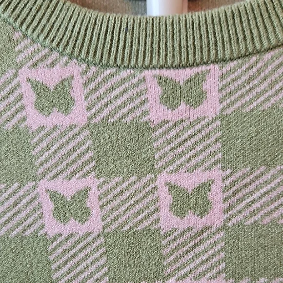 Nordstrom Green and Cream Checker Butterfly Knit Sweater - Picture 4 of 8